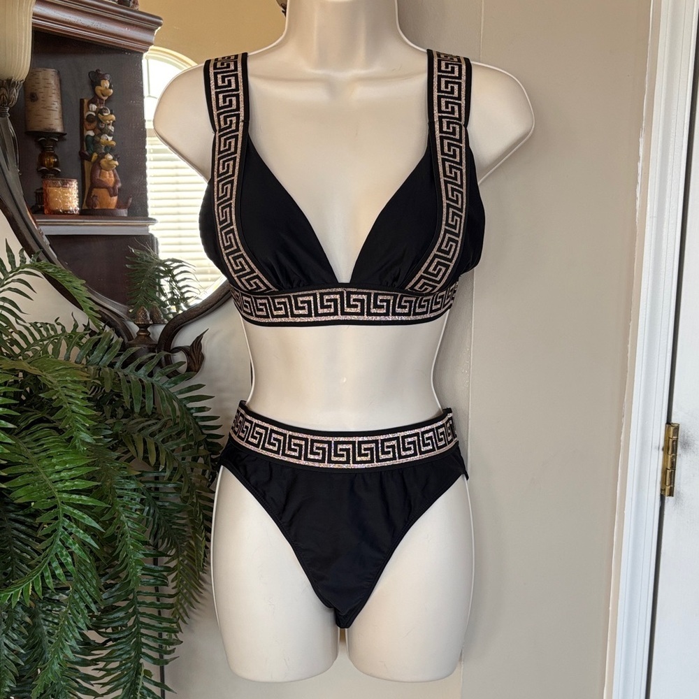 Brand New Black Bikini Swimsuit Greek Key Metallic Border High Waist Bottoms